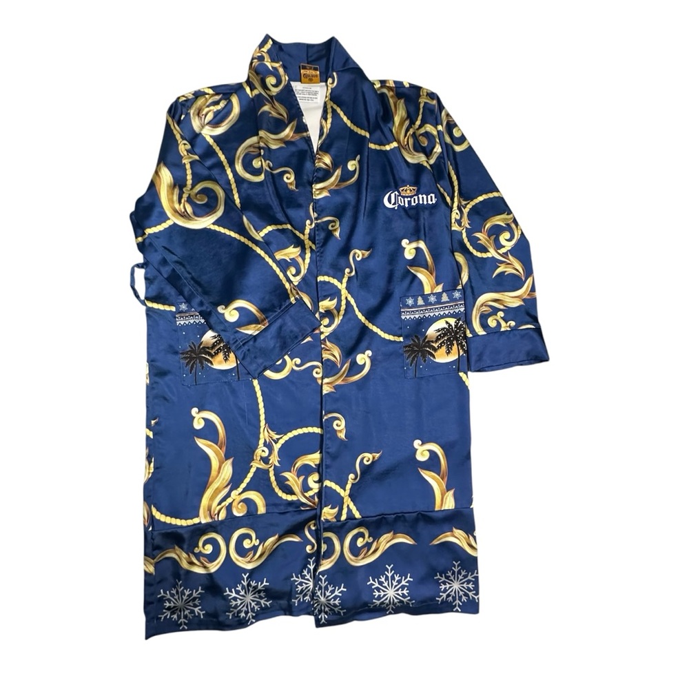 Corona Lounge Robe Mens M/L Blue And Gold Allover Paisley Print Satin No Belt